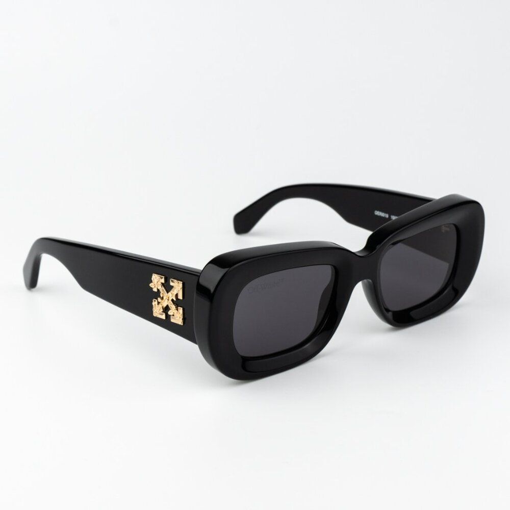 Off-White Black Rectangular Logo Sunglasses with Gold Accent